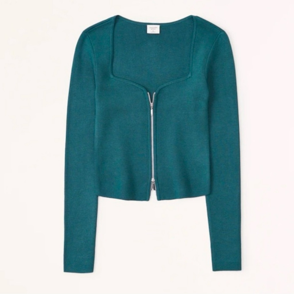 NEW Abercrombie & Fitch Dark Teal Sweetheart Zip Cardigan Sweater Size L
